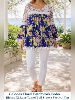 Caleoas Boho Floral Patchwork Blouse XL Lace Tassel Bell Sleeve Festival Top
